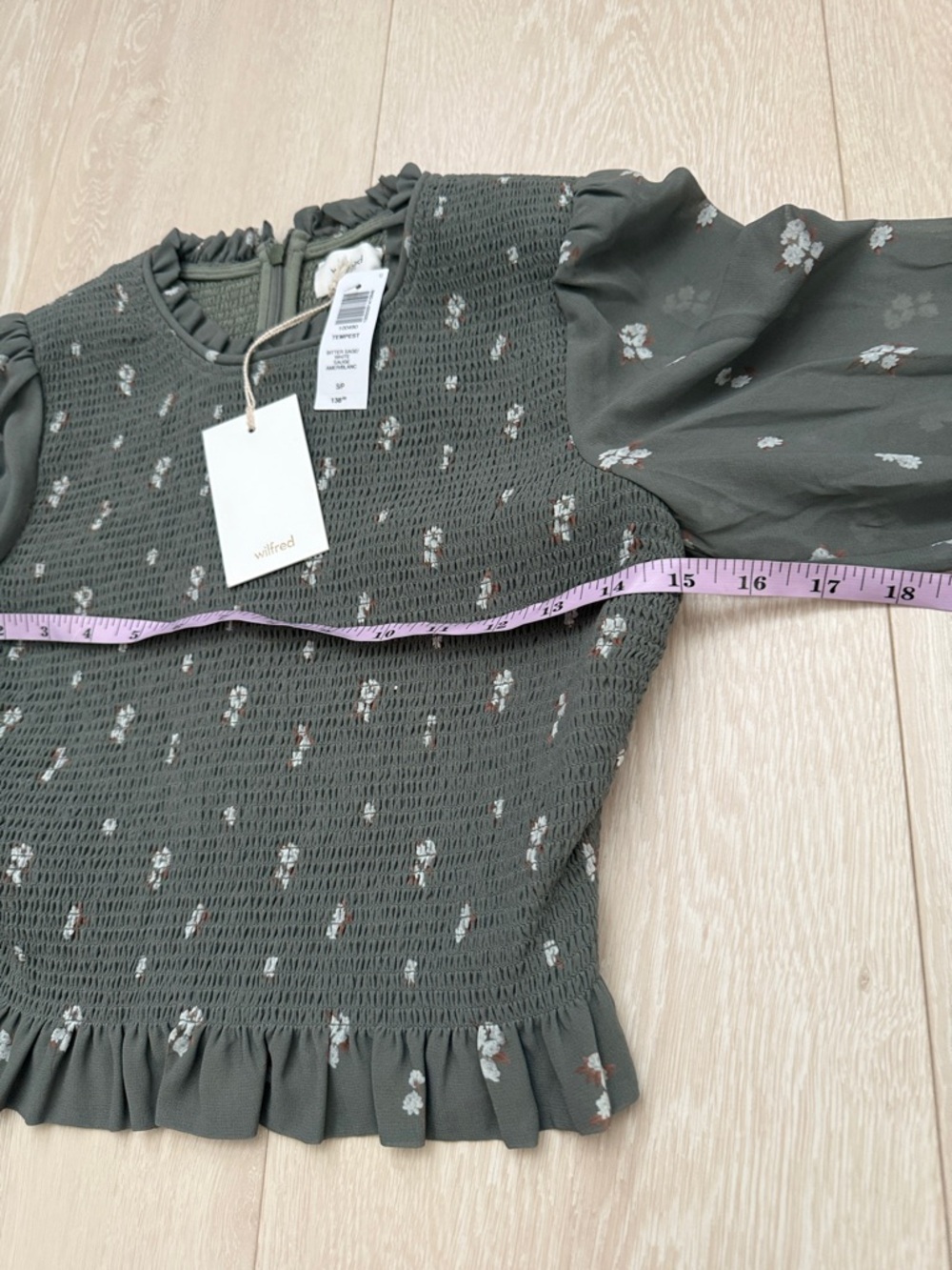 Wilfred Olive Green Smocked Floral Sheer-Sleeve Blouse - Picture 6 of 9